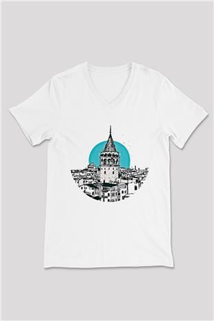 Galata Kulesi Baskılı Beyaz Unisex V Yaka Tişört - Tshirt