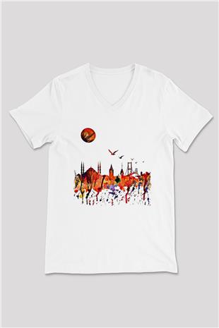 Galata Kulesi Baskılı Beyaz Unisex V Yaka Tişört - Tshirt