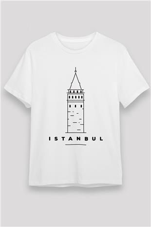 Galata Kulesi Unisex Baskılı Beyaz Tişört - Tshirt