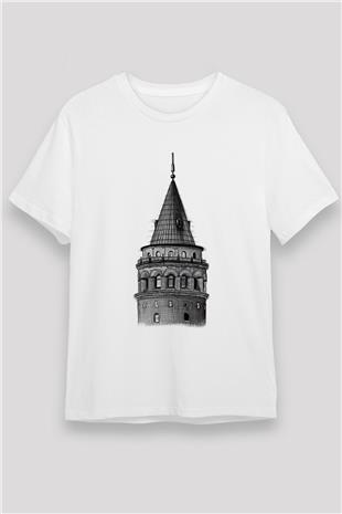 Galata Kulesi Unisex Baskılı Beyaz Tişört - Tshirt