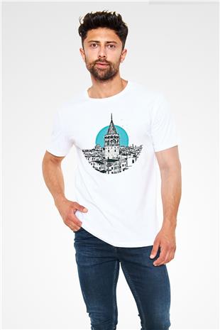 Galata Kulesi Unisex Baskılı Beyaz Tişört - Tshirt