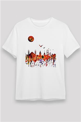Galata Kulesi Unisex Baskılı Beyaz Tişört - Tshirt