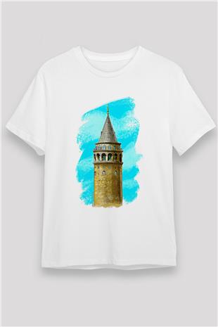 Galata Kulesi Unisex Baskılı Beyaz Tişört - Tshirt
