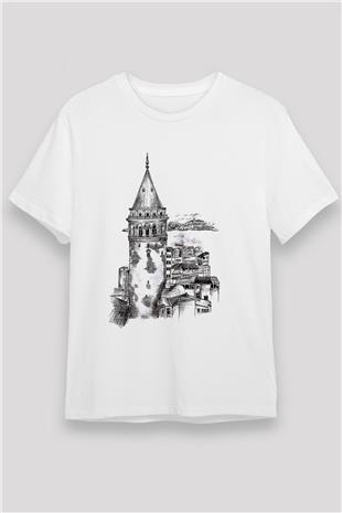 Galata Kulesi Unisex Baskılı Beyaz Tişört - Tshirt