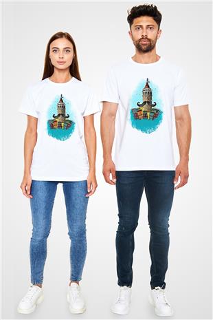 Galata Kulesi Unisex Baskılı Beyaz Tişört - Tshirt