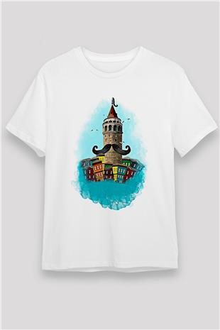 Galata Kulesi Unisex Baskılı Beyaz Tişört - Tshirt