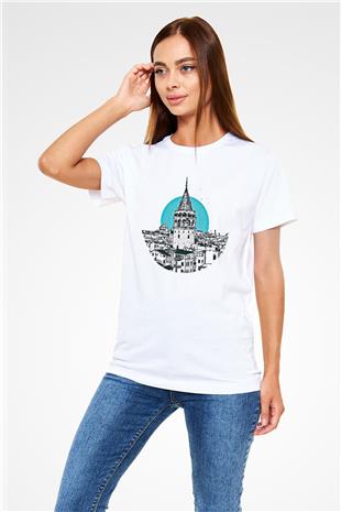 Galata Kulesi Unisex Baskılı Beyaz Tişört - Tshirt
