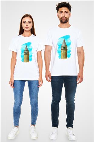Galata Kulesi Unisex Baskılı Beyaz Tişört - Tshirt