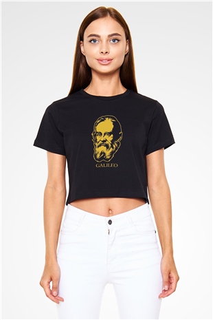 Galileo Galilei Baskılı Siyah Kadın Crop Top Tişört