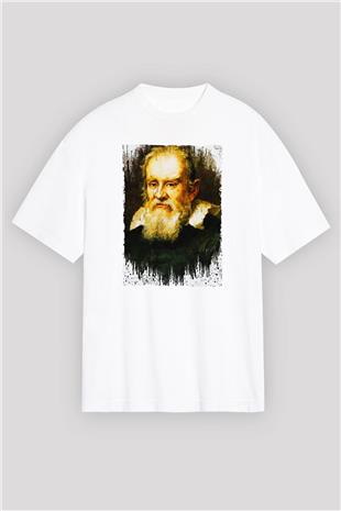 Galileo Galilei Baskılı Unisex Oversize Beyaz Tişört - Tshirt