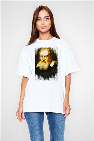 Galileo Galilei Baskılı Unisex Oversize Beyaz Tişört - Tshirt
