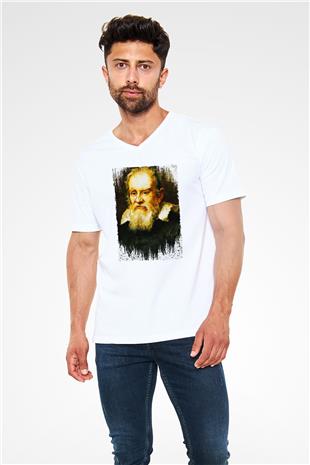 Galileo Galilei Baskılı Unisex V Yaka Beyaz Tişört - Tshirt