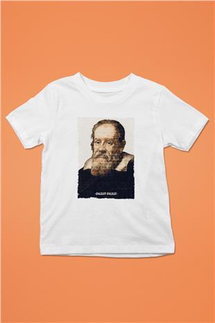 Galileo Galilei Yazılı Portre Baskılı Unisex Beyaz Çocuk Tişörtü - Tshirt