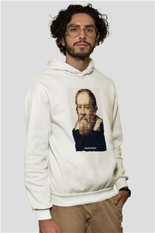 Galileo Galilei Yazılı Portre Baskılı Unisex Ekru Hoodie