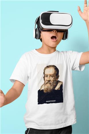 Galileo Galilei Yazılı Portre Baskılı Unisex Beyaz Çocuk Tişörtü - Tshirt