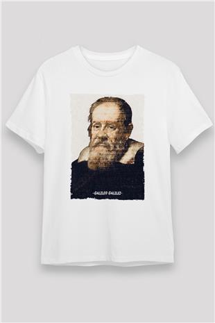 Galileo Galilei Yazılı Portre Baskılı Unisex Beyaz Tişört - Tshirt