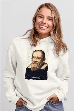 Galileo Galilei Yazılı Portre Baskılı Unisex Ekru Hoodie
