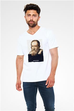 Galileo Galilei Yazılı Portre Baskılı Unisex V Yaka Beyaz Tişört - Tshirt