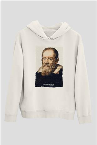 Galileo Galilei Yazılı Portre Baskılı Unisex Ekru Hoodie