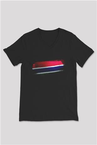 Gambiya - Gambia Bayrağı Baskılı Unisex Siyah V Yaka Tişört