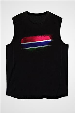 Gambiya - Gambia Bayrağı Baskılı Unisex Siyah Kolsuz Tişört