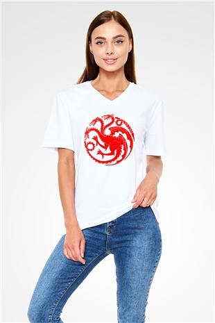 Game of Thrones Beyaz Unisex V Yaka Tişört T-Shirt