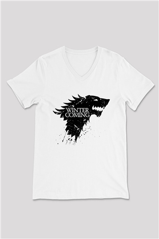 Game of Thrones Beyaz Unisex V Yaka Tişört T-Shirt