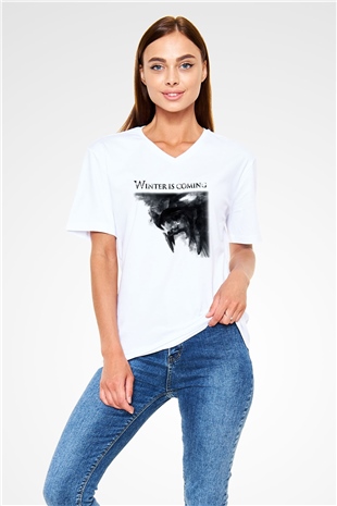 Game of Thrones Beyaz Unisex V Yaka Tişört T-Shirt