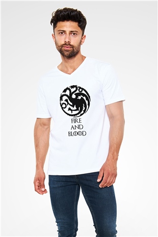 Game of Thrones Beyaz Unisex V Yaka Tişört T-Shirt
