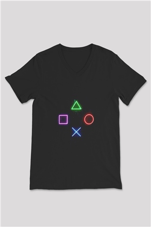 Game Temalı Baskılı Unisex Siyah  V Yaka Tişört