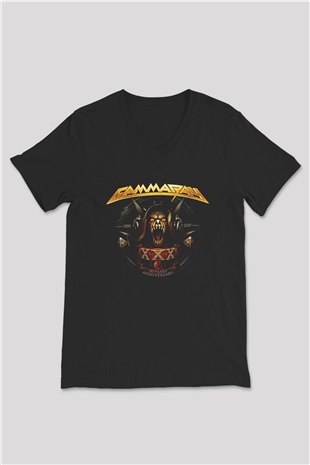 Gammaray Baskılı Unisex Siyah V Yaka Tişört - Tshirt