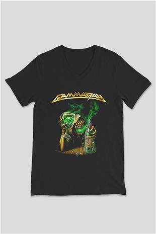 Gammaray Baskılı Unisex Siyah V Yaka Tişört - Tshirt