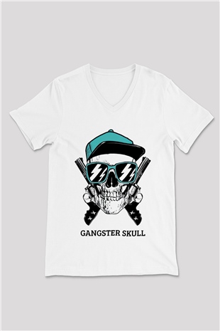 Gangster Kuru Kafa Baskılı Unisex Beyaz  V Yaka Tişört