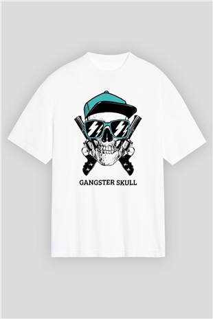 Gangster Kuru Kafa Baskılı Oversize Beyaz Tişört
