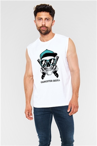 Gangster Kuru Kafa Baskılı Unisex Beyaz  Kolsuz Tişört