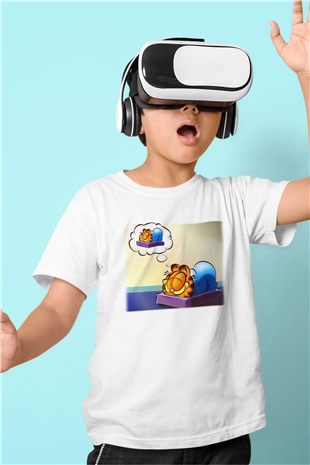 Garfield Baskılı Beyaz Unisex Çocuk Tişört