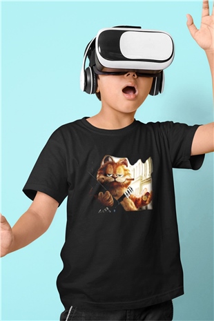 Garfield Baskılı Siyah Unisex Çocuk Tişört