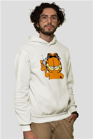 Garfield Beyaz Unisex Kapşonlu Sweatshirt