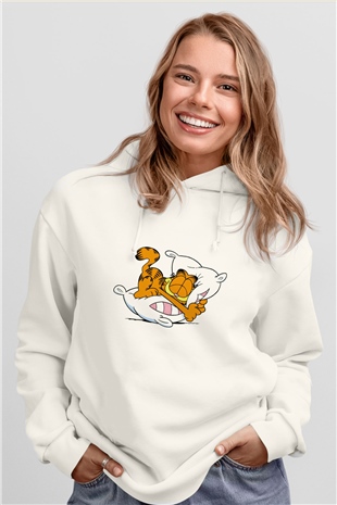 Garfield Beyaz Unisex Kapşonlu Sweatshirt