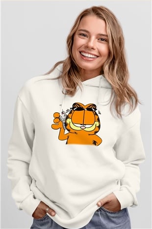 Garfield Beyaz Unisex Kapşonlu Sweatshirt