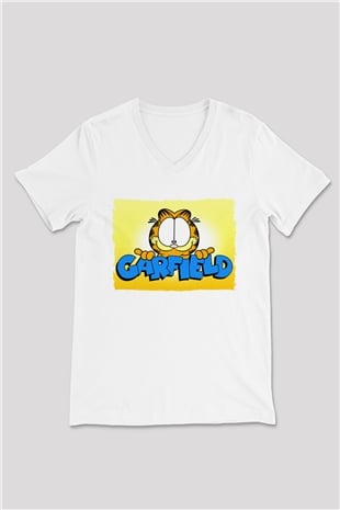 Garfield Beyaz Unisex  V Yaka Tişört