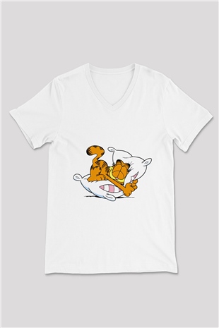 Garfield Beyaz Unisex V Yaka Tişört