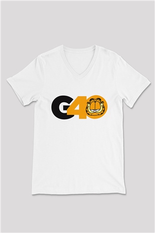 Garfield Beyaz Unisex V Yaka Tişört