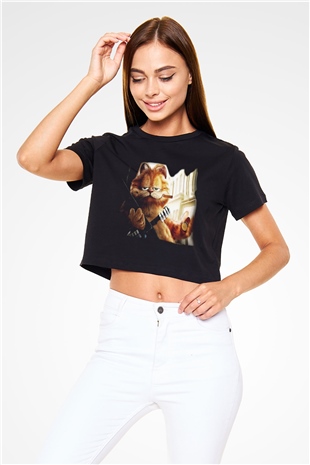 Garfield Siyah Crop Top Tişört