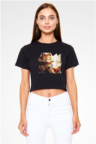Garfield Siyah Crop Top Tişört