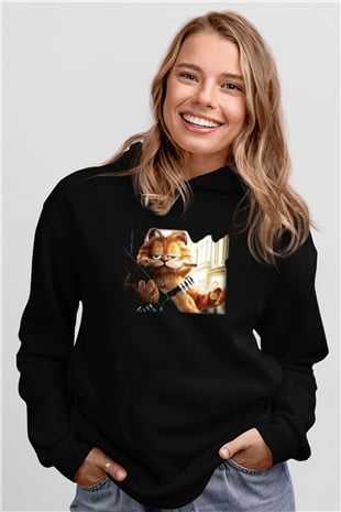 Garfield Siyah Unisex Kapüşonlu Sweatshirt