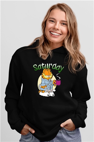 Garfield Siyah Unisex Kapüşonlu Sweatshirt
