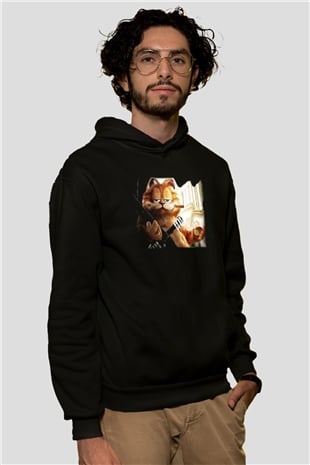 Garfield Siyah Unisex Kapüşonlu Sweatshirt