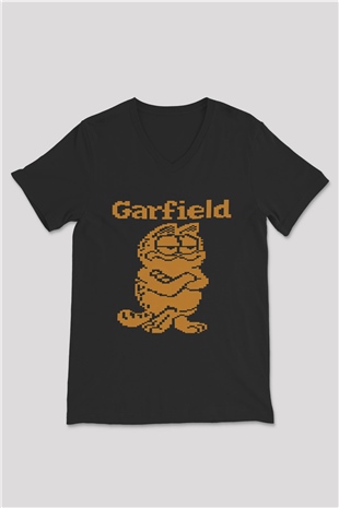 Garfield Siyah Unisex V Yaka Tişört