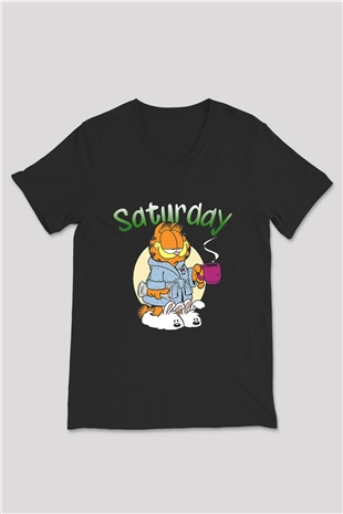 Garfield Siyah Unisex V Yaka Tişört